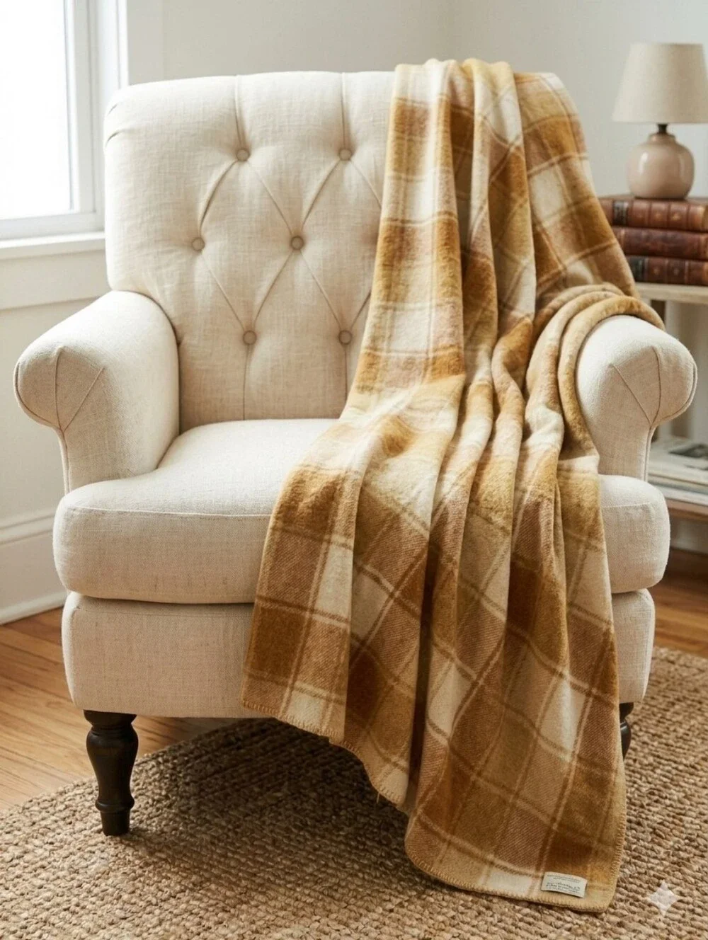 FARIBAULT WOOLEN MILLS 100% Wool Gold Plaid Full Size Blanket